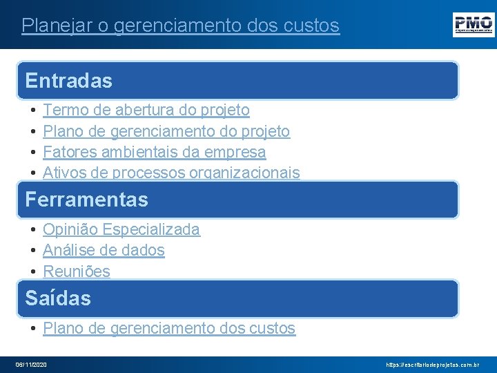 Planejar o gerenciamento dos custos Entradas • • Termo de abertura do projeto Plano