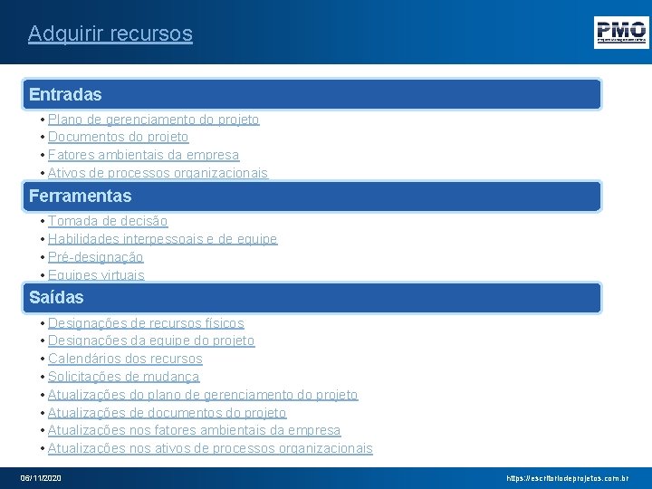 Adquirir recursos Entradas • Plano de gerenciamento do projeto • Documentos do projeto •