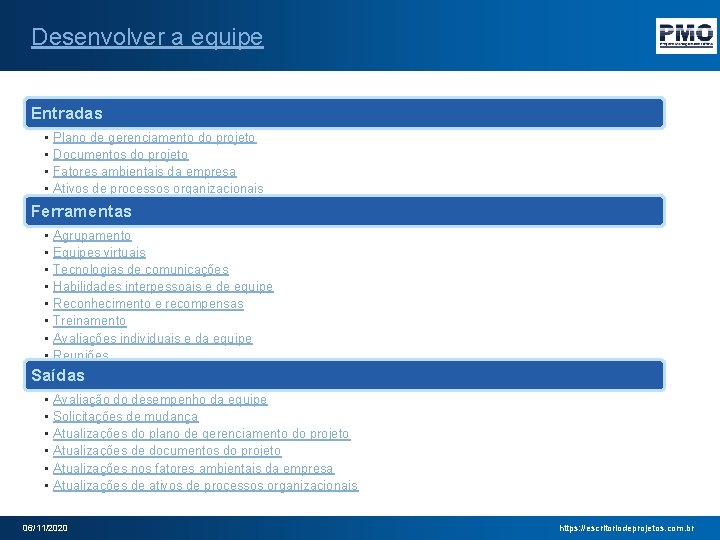 Desenvolver a equipe Entradas • • Plano de gerenciamento do projeto Documentos do projeto