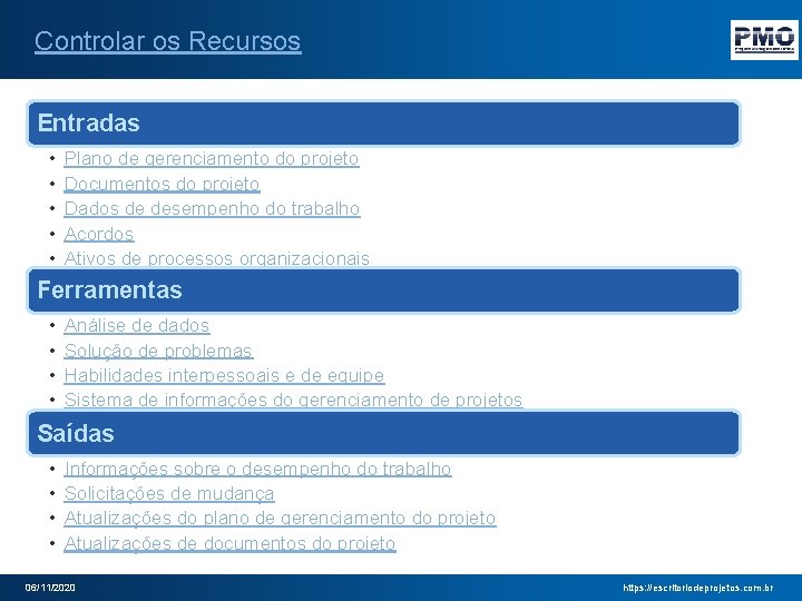 Controlar os Recursos Entradas • • • Plano de gerenciamento do projeto Documentos do