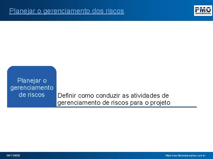 Planejar o gerenciamento dos riscos Planejar o gerenciamento de riscos Definir como conduzir as