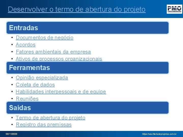 Desenvolver o termo de abertura do projeto Entradas • • Documentos de negócio Acordos