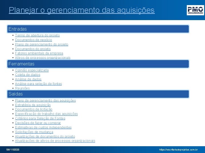 Planejar o gerenciamento das aquisições Entradas • • • Termo de abertura do projeto