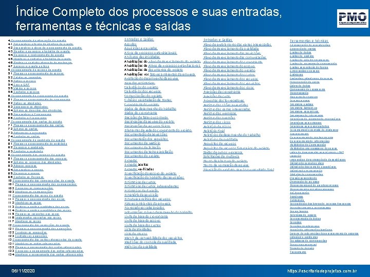 Índice Completo dos processos e suas entradas, ferramentas e técnicas e saídas 4. Gerenciamento