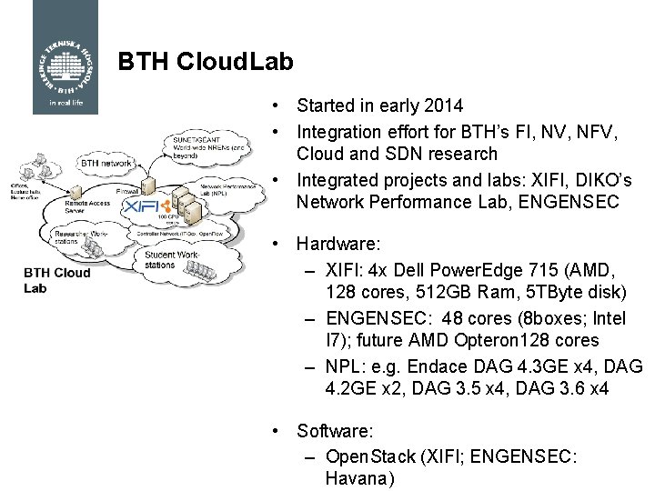 BTH Cloud. Lab • Started in early 2014 • Integration effort for BTH’s FI,