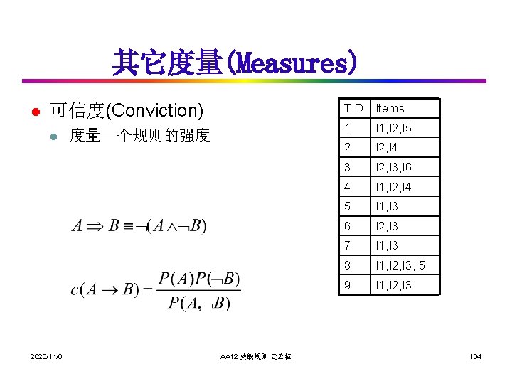 其它度量(Measures) l 可信度(Conviction) l 2020/11/6 TID Items 度量一个规则的强度 AA 12 关联规则 史忠植 1 I