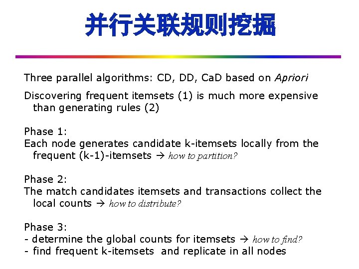 并行关联规则挖掘 Three parallel algorithms: CD, DD, Ca. D based on Apriori Discovering frequent itemsets