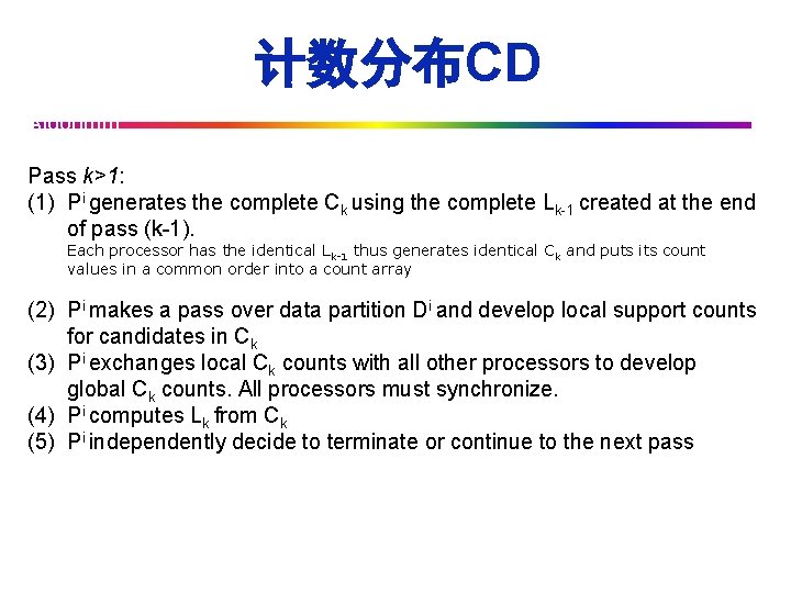 计数分布CD Algorithm: Pass k>1: (1) Pi generates the complete Ck using the complete Lk-1