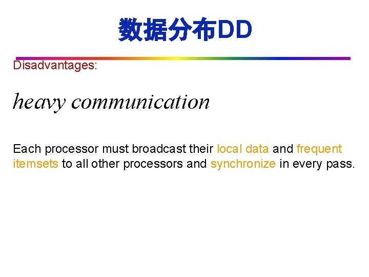 数据分布DD Disadvantages: heavy communication Each processor must broadcast their local data and frequent itemsets