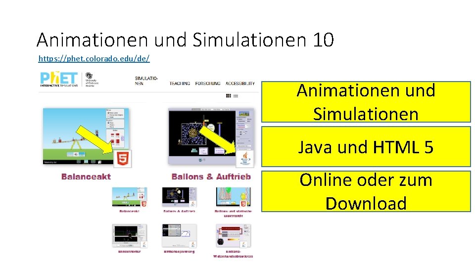 Animationen und Simulationen 10 https: //phet. colorado. edu/de/ Animationen und Simulationen Java und HTML