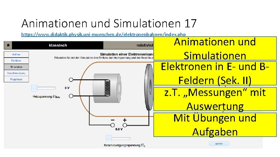 Animationen und Simulationen 17 https: //www. didaktik. physik. uni-muenchen. de/elektronenbahnen/index. php Animationen und Simulationen
