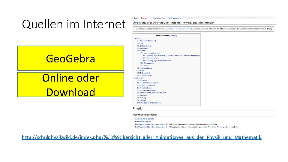 Quellen im Internet Geo. Gebra Online oder Download http: //schulphysikwiki. de/index. php/%C 3%9 Cbersicht_aller_Animationen_aus_der_Physik_und_Mathematik