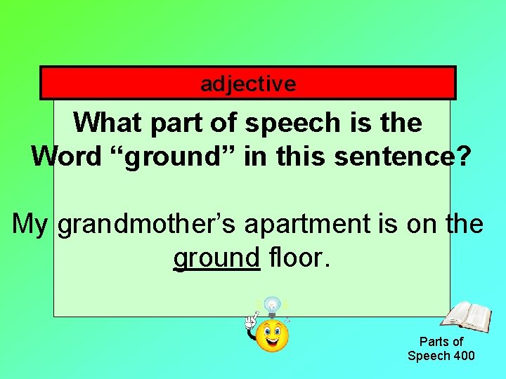 adjective What part of speech is the Word “ground” in this sentence? My grandmother’s