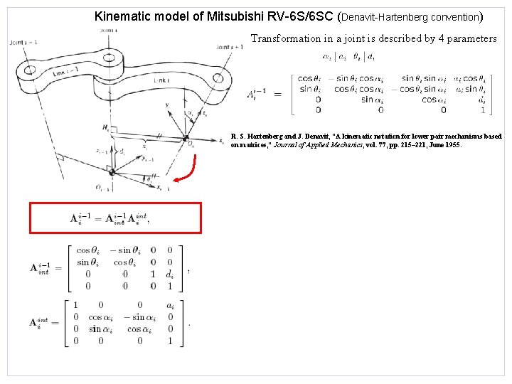 Kinematic model of Mitsubishi RV-6 S/6 SC (Denavit-Hartenberg convention) Transformation in a joint is