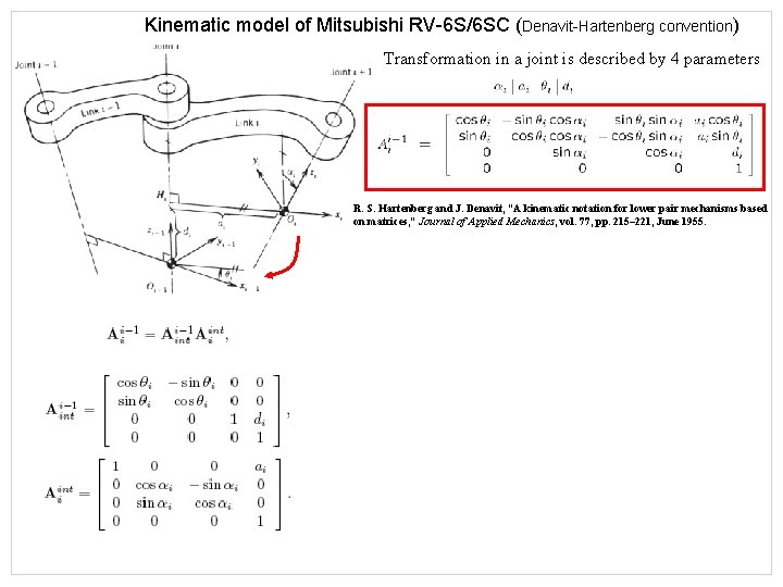 Kinematic model of Mitsubishi RV-6 S/6 SC (Denavit-Hartenberg convention) Transformation in a joint is