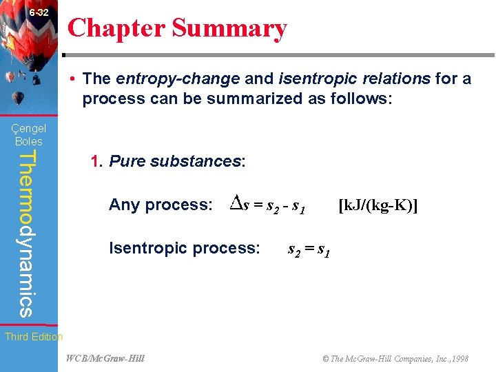 6 -32 Chapter Summary • The entropy-change and isentropic relations for a process can