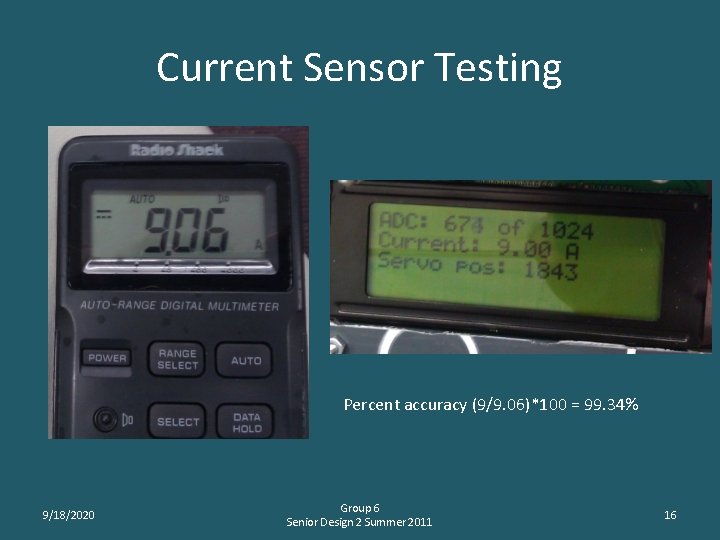 Current Sensor Testing Percent accuracy (9/9. 06)*100 = 99. 34% 9/18/2020 Group 6 Senior