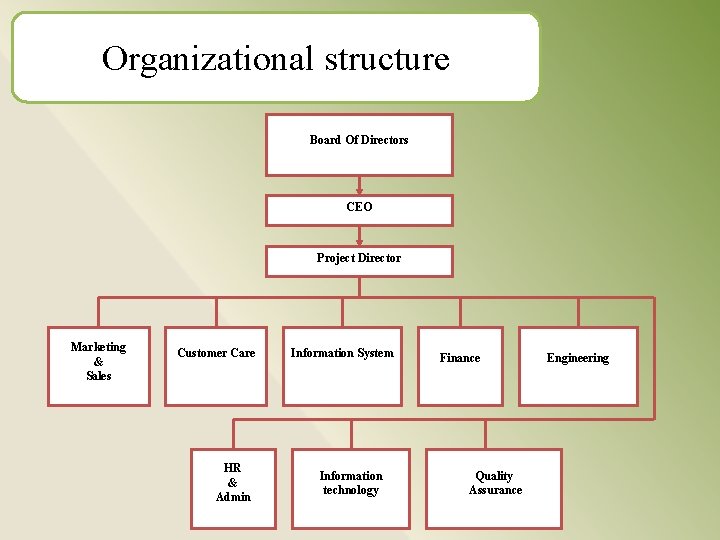 Organizational structure Board Of Directors CEO Project Director Marketing & Sales Customer Care HR