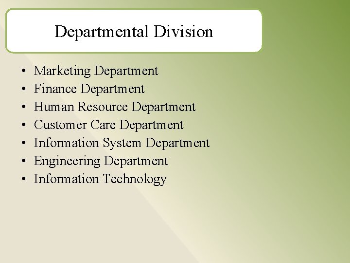  Departmental Division • • Marketing Department Finance Department Human Resource Department Customer Care