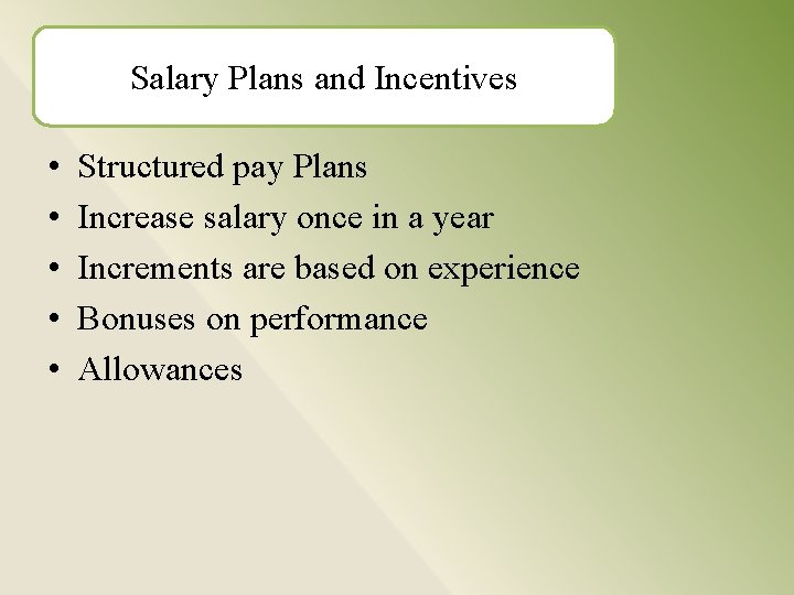 Salary Plans and Incentives • • • Structured pay Plans Increase salary once in