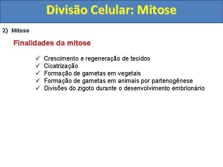 Divisão Celular: Mitose 2) Mitose Finalidades da mitose ü ü ü Crescimento e regeneração