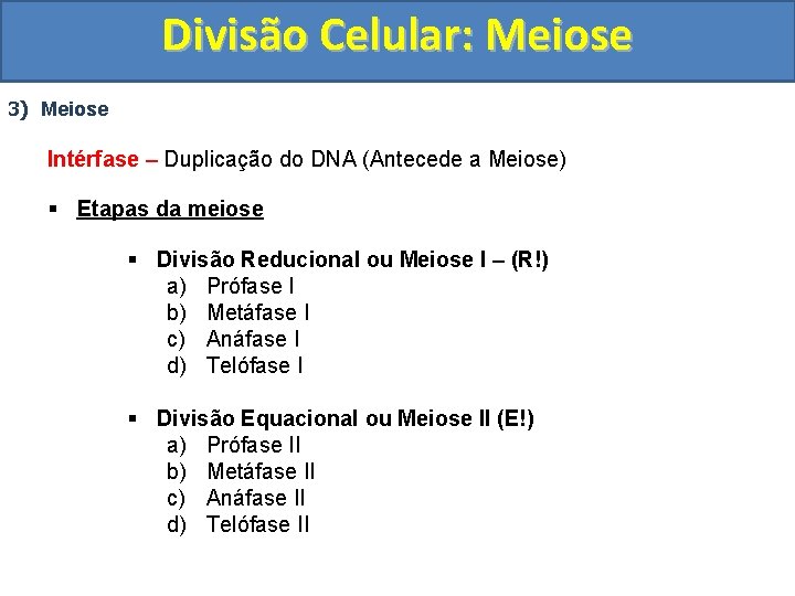 Divisão Celular: Meiose 3) Meiose Intérfase – Duplicação do DNA (Antecede a Meiose) §