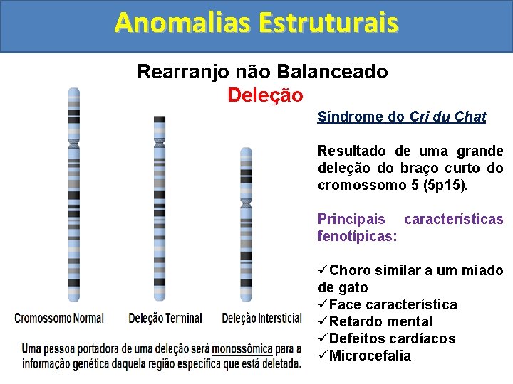 Anomalias Estruturais Rearranjo não Balanceado Deleção Síndrome do Cri du Chat Resultado de uma
