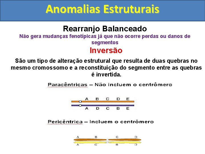 Anomalias Estruturais Rearranjo Balanceado Não gera mudanças fenotípicas já que não ocorre perdas ou