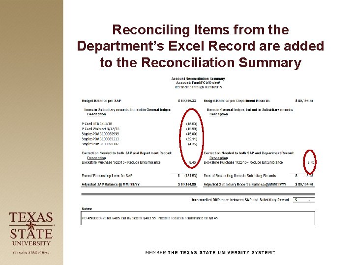 Reconciling Items from the Department’s Excel Record are added to the Reconciliation Summary 