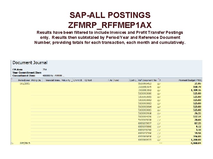 SAP-ALL POSTINGS ZFMRP_RFFMEP 1 AX Results have been filtered to include Invoices and Profit