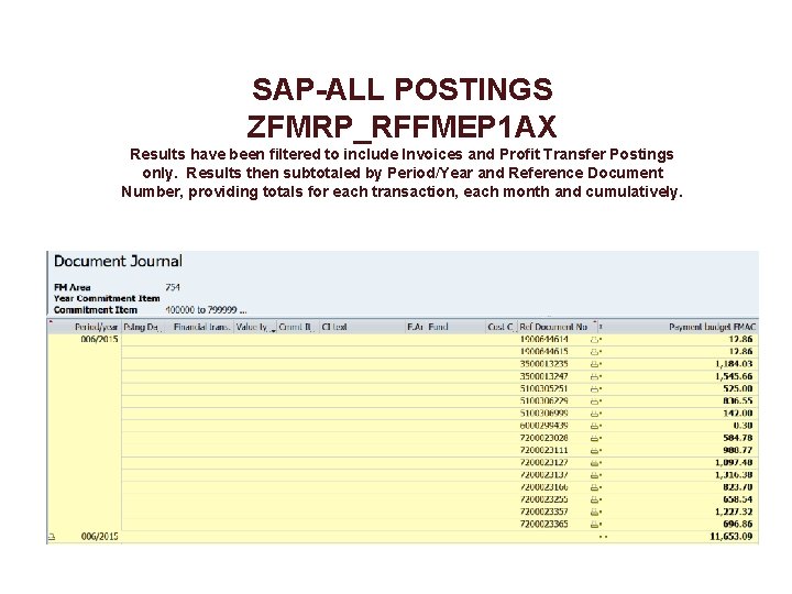 SAP-ALL POSTINGS ZFMRP_RFFMEP 1 AX Results have been filtered to include Invoices and Profit