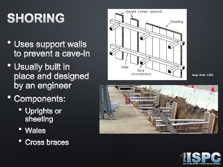SHORING • USES SUPPORT WALLS TO PREVENT A CAVE-IN • USUALLY BUILT IN PLACE