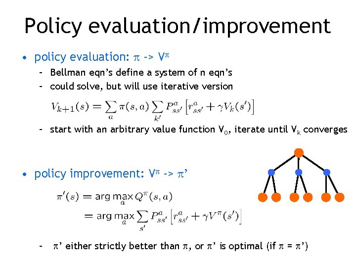 Policy evaluation/improvement • policy evaluation: -> V – Bellman eqn’s define a system of