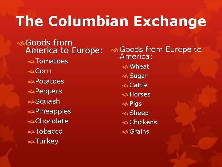 The Columbian Exchange Goods from America to Europe: Goods from Europe to Tomatoes Corn