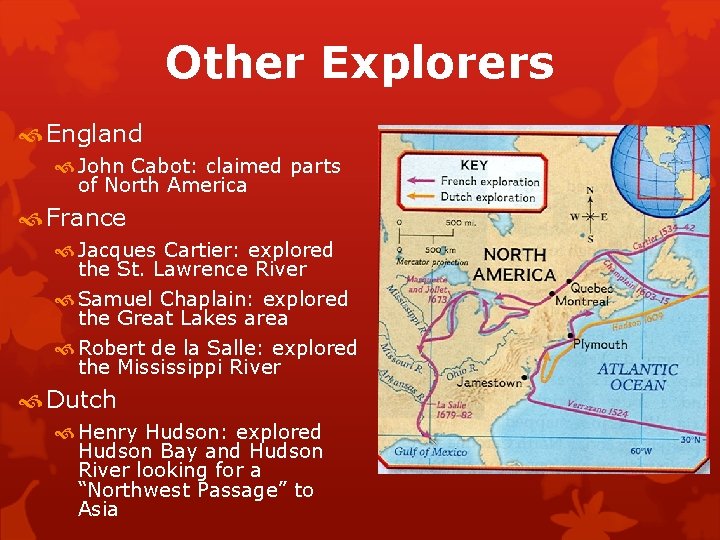 Other Explorers England John Cabot: claimed parts of North America France Jacques Cartier: explored