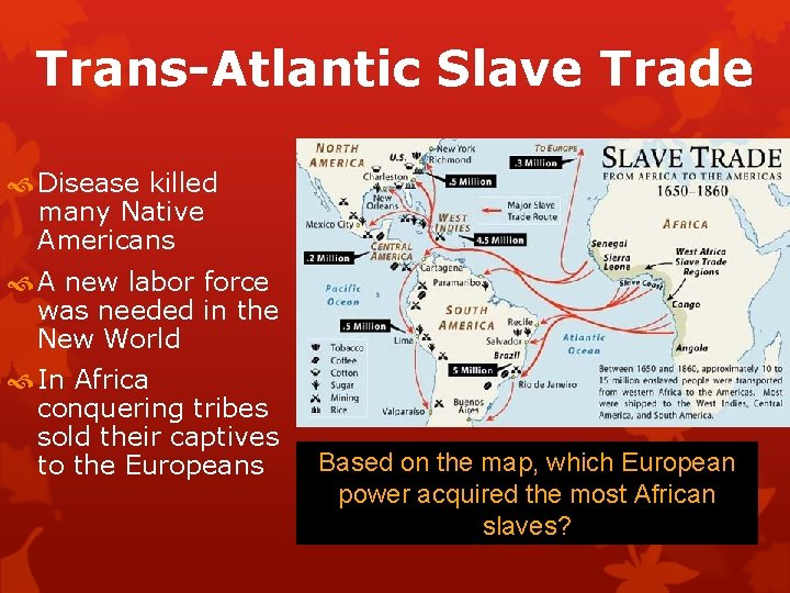 Trans-Atlantic Slave Trade Disease killed many Native Americans A new labor force was needed
