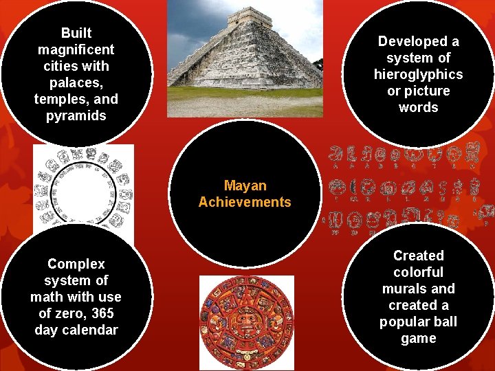 Built magnificent cities with palaces, temples, and pyramids Developed a system of hieroglyphics or