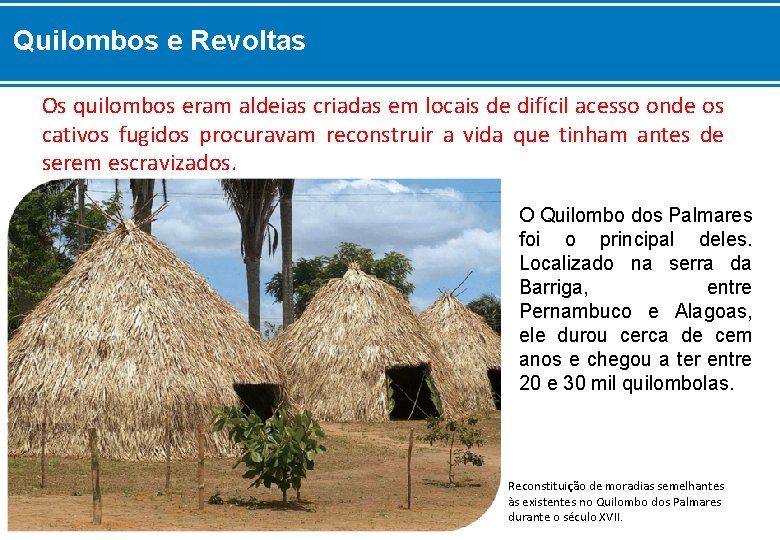 Quilombos e Revoltas Os quilombos eram aldeias criadas em locais de difícil acesso onde