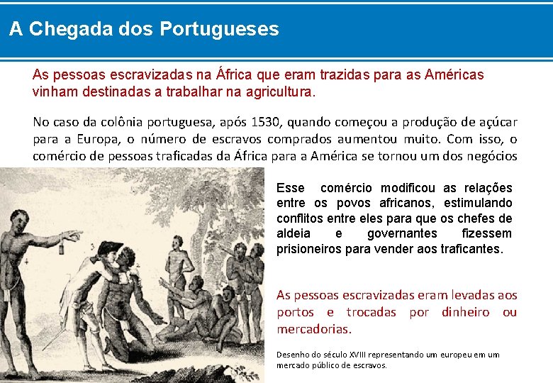 A Chegada dos Portugueses As pessoas escravizadas na África que eram trazidas para as