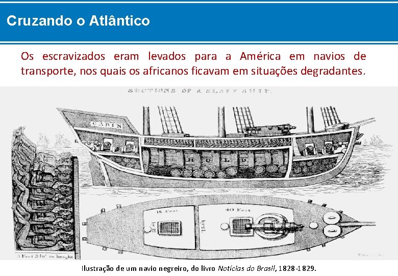 Cruzando o Atlântico Os escravizados eram levados para a América em navios de transporte,