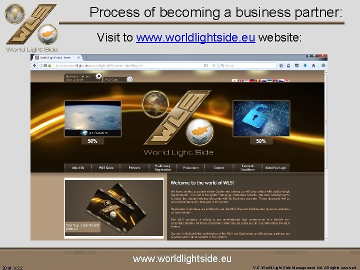 Process of becoming a business partner: Visit to www. worldlightside. eu website: . www.