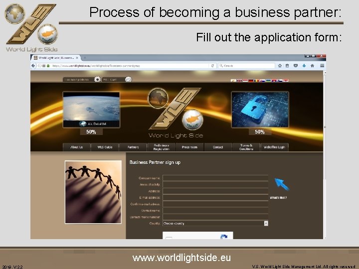 Process of becoming a business partner: Fill out the application form: . www. worldlightside.