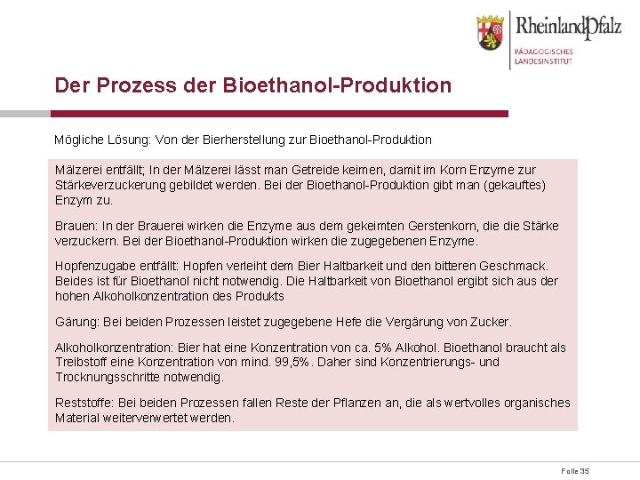 Der Prozess der Bioethanol-Produktion Mögliche Lösung: Von der Bierherstellung zur Bioethanol-Produktion Mälzerei entfällt; In