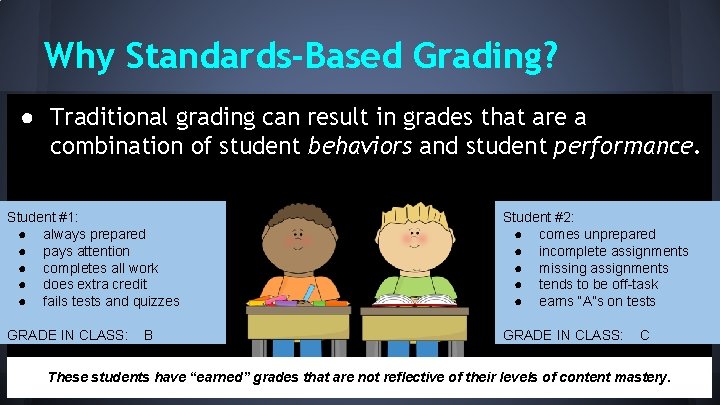 Why Standards-Based Grading? ● Traditional grading can result in grades that are a combination