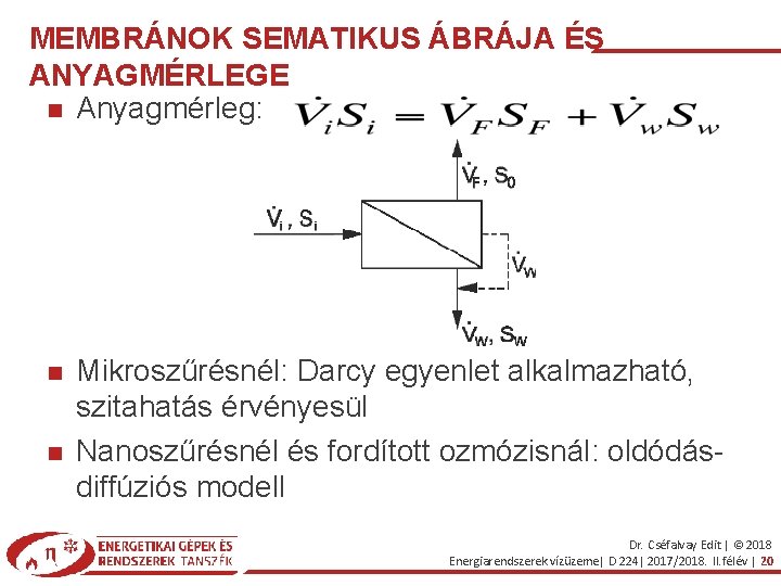 MEMBRÁNOK SEMATIKUS ÁBRÁJA ÉS ANYAGMÉRLEGE Anyagmérleg: Mikroszűrésnél: Darcy egyenlet alkalmazható, szitahatás érvényesül Nanoszűrésnél és