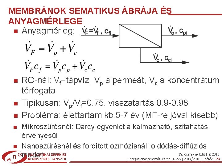 MEMBRÁNOK SEMATIKUS ÁBRÁJA ÉS ANYAGMÉRLEGE Anyagmérleg: RO-nál: Vf=tápvíz, Vp a permeát, Vc a koncentrátum