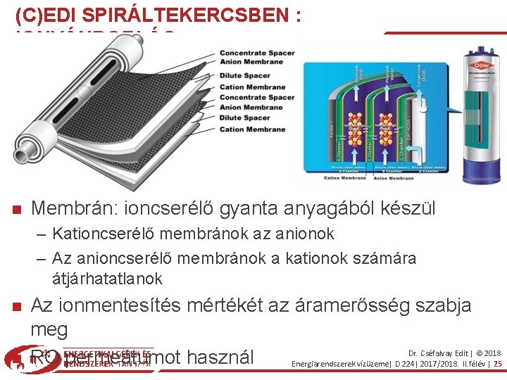 (C)EDI SPIRÁLTEKERCSBEN : IONVÁNDORLÁS Membrán: ioncserélő gyanta anyagából készül – Kationcserélő membránok az anionok