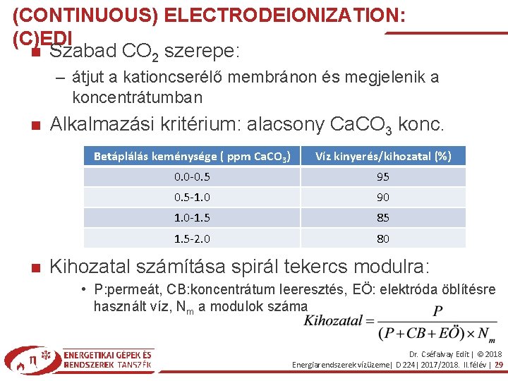 (CONTINUOUS) ELECTRODEIONIZATION: (C)EDI Szabad CO 2 szerepe: – átjut a kationcserélő membránon és megjelenik