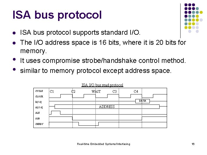 ISA bus protocol l l • • ISA bus protocol supports standard I/O. The