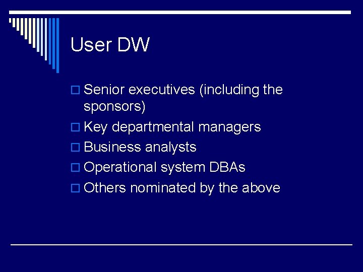 User DW o Senior executives (including the sponsors) o Key departmental managers o Business